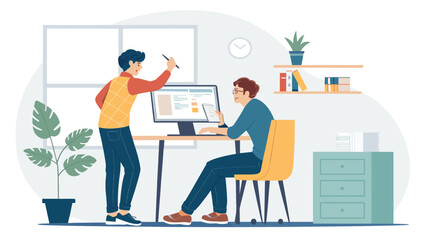 Two male colleagues collaborate on a project in a modern office, discussing ideas and working on a computer. Ideal for business, teamwork, and digital work concepts.