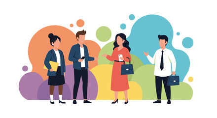 Diverse business people collaborate and communicate in a modern, vibrant setting. Ideal for themes of teamwork, professional development, and corporate success.