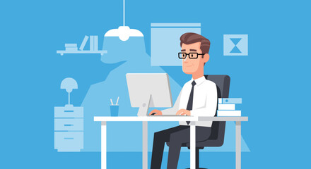 Happy professional man in glasses working on desktop computer, illustrating business, technology, and efficient office operations.