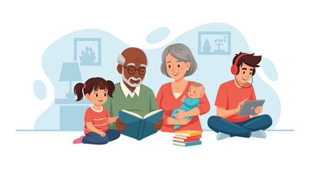 Happy multi-generational family bonding at home, featuring grandparents reading to a child, a mother with a baby, and a teen with a tablet. Depicts connection and modern life.