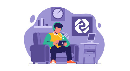 Young person wearing headphones, engrossed in a tablet for entertainment and connectivity while relaxing comfortably at home.