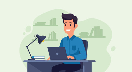 Happy man working efficiently on a laptop at a desk in a comfortable home office setting. Ideal for business, remote work, online learning, and professional productivity.