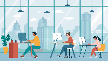 Diverse people work productively in a modern open-plan office with a cityscape view. Represents teamwork, professional environment, and modern business.