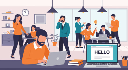 Busy professional team collaborating in a modern office, working on laptops and phones, symbolizing communication, innovation, and productive business operations.