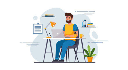 Smiling man with a beard working on a laptop at his home office desk. Ideal for remote work, freelance, and business concepts.