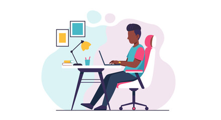 An illustration of a young man working on a laptop at a desk with books and a lamp, ideal for concepts of remote work, online learning, and productivity.