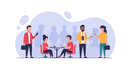 Diverse professionals engage in modern business, collaborating in a co-working space. Digital connection, teamwork, and communication.