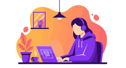 Focused individual working remotely on a laptop with headphones, enjoying coffee in a cozy home office setting. Ideal for business or lifestyle content.