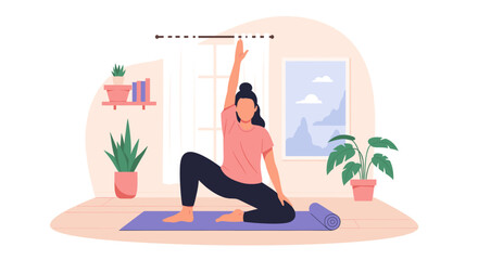 Woman practicing yoga on a mat at home, promoting health, relaxation, and a balanced lifestyle in a tranquil setting.
