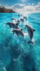 Vibrant Dolphin Pod Jumping in Sunlit Tropical Seascape Wallpaper