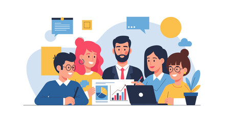 Diverse business team collaborates, analyzing data and discussing strategy for company growth and success. Emphasizes teamwork and professional partnership.