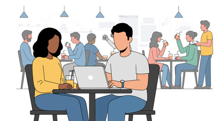 Diverse people enjoying a modern cafe. A man works on a laptop, while others socialize, illustrating work-life balance and urban leisure.