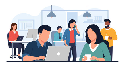 Diverse team of professionals working on laptops and communicating in a modern, open-plan office. Represents collaboration, productivity, and corporate life.