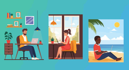 People working remotely in diverse settings: home office, cafe, and beach, illustrating flexible modern work-life balance and digital nomad lifestyle.