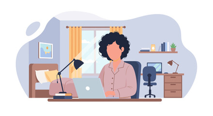 Woman in pajamas working comfortably on a laptop from her home bedroom. Depicts remote work, flexible lifestyle, and productivity in a casual setting.