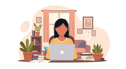 Fototapeta premium Young woman focused on her laptop, working from a comfortable home office setup with plants and books. Ideal for remote work, online learning, or independent business concepts.