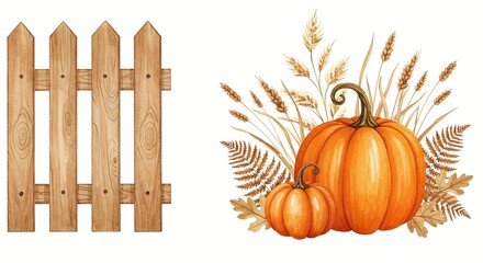 Harvest's bounty: Pumpkins and wheat by a picket fence, a rustic autumn scene. Fall colors, rustic charm, welcoming countryside vibes.