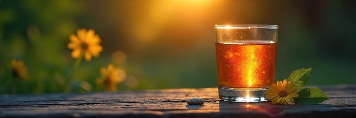 Relaxing evening scene with a glass of amber liquid, soft lighting, and calming nature elements Perfect for promoting relaxation, wellness, and mindful drinking , still, interior, liquid