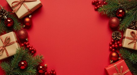 Festive Christmas composition with gifts, pine branches, berries, ornaments, and cones on a red surface, creating a cheerful holiday ambiance.