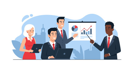 Diverse business team collaborating in a meeting, analyzing growth charts and strategy. Professional concept for success, finance, and teamwork.