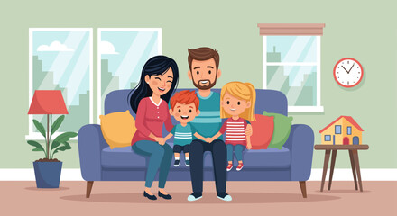 Happy family of four (parents, son, daughter) smiling on a sofa in their cozy living room. Perfect for family life, home, and real estate concepts.