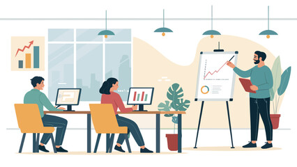 Business professionals collaborate in a modern office, analyzing data and discussing growth strategies during a corporate presentation. Ideal for business, finance, and education concepts.