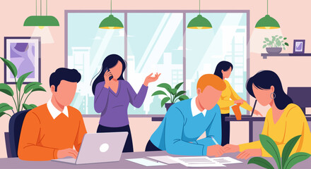 Professional team collaborating in a bright, modern office. Engaging in tasks, discussions, and communication, symbolizing productivity and successful business operations.