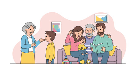Three generations of a loving family enjoy quality time at home. Grandparents, parents, and children bond, read, and interact in a cozy living room, perfect for lifestyle and family concepts.