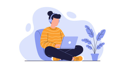 Individual enjoying remote work or online learning, sitting comfortably with headphones and a laptop in a modern home environment.