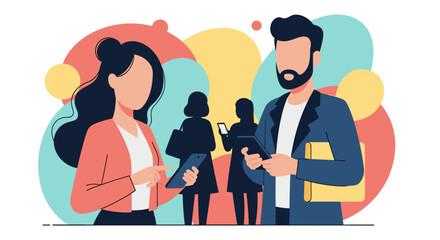 Modern illustration of diverse people engaging with mobile technology, symbolizing digital communication, business networking, and online connectivity in a vibrant, abstract setting.