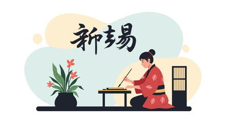 A serene Japanese woman gracefully practices traditional calligraphy, meticulously crafting characters with a brush and ink, surrounded by a minimalist, cultural setting.