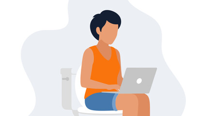 Woman multitasking, working remotely on a laptop while sitting on a toilet, depicting modern lifestyle, privacy, and productivity.
