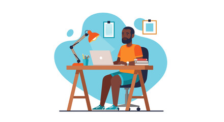Fototapeta premium African American man comfortably working from home on his laptop, showcasing remote work, online learning, or freelance productivity. Ideal for business and lifestyle.