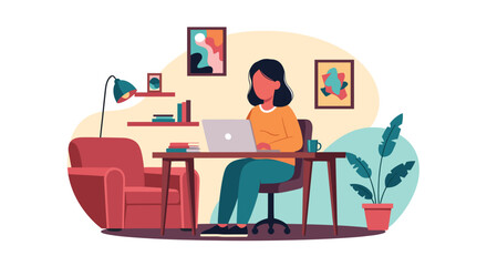 Focused woman working remotely on laptop at a comfortable home desk, surrounded by plants and art. Ideal for productivity and modern work life concepts.