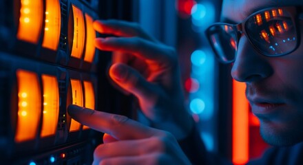 Cyberpunk Technician - Neon-Lit Server Room Inspection.