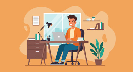 Fototapeta premium Happy young man working on laptop at home office desk. Illustrates remote work, online learning, productivity, and modern lifestyle. Ideal for business and education concepts.