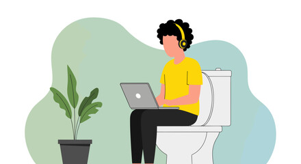 Person with headphones works on a laptop while sitting on a toilet. Represents remote work, multitasking, and informal productivity, suitable for business and lifestyle themes.