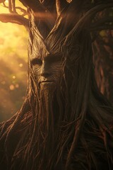 Golden Light Illuminating a Humanoid Figure of Roots and Magic