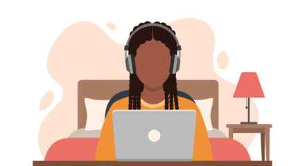 Young woman with braids and headphones working or studying on a laptop in bed. Represents remote work, online learning, or digital lifestyle, emphasizing comfort and focus.