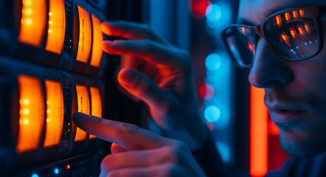 Cyberpunk Technician - Neon-Lit Server Room Inspection.