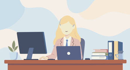 Professional blonde woman working efficiently at her office desk with a computer, laptop, books, and files. Perfect for business, productivity, or career concepts.