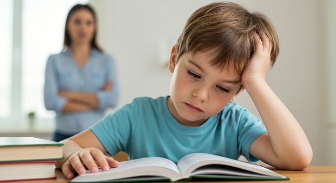 Frustrated boy doing homework with a mother watching over him in the background. He looks stressed and overwhelmed while studying.