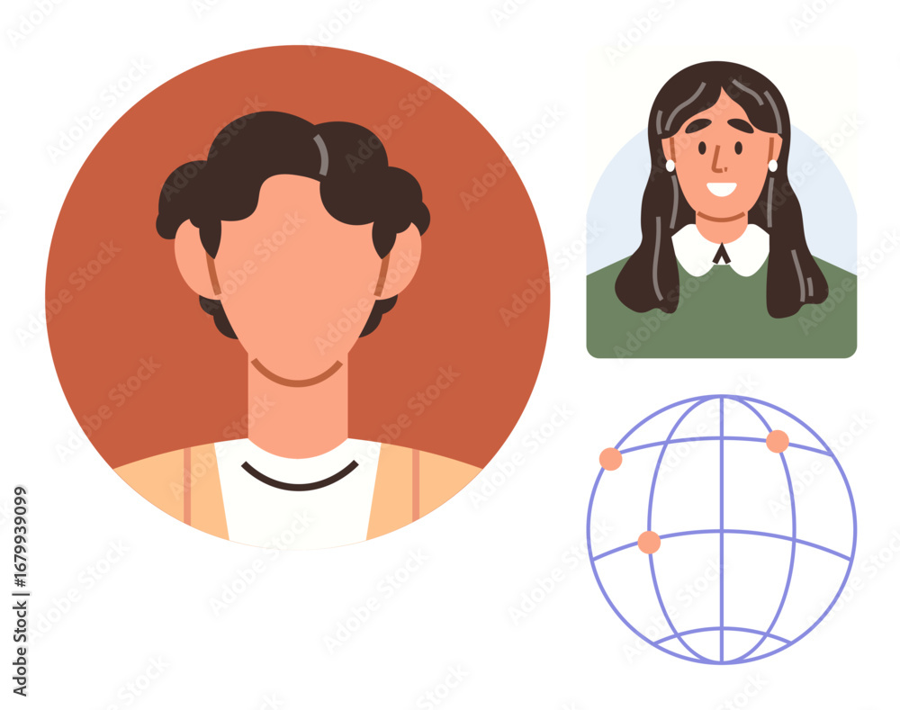 Poster abstract faceless portraits of a man and a woman alongside a minimalistic globe with marked points. 