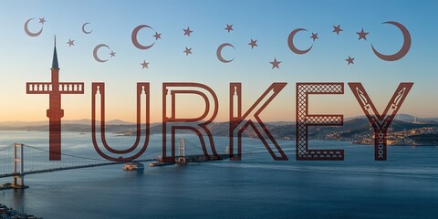 Turkey Skyline with Bosphorus Bridge, Crescent Moons, and Minaret Silhouette at Sunrise | Modern Travel and Tourism Concept