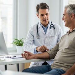 Doctor Checking Senior Patient's Pulse in Bright Medical Office