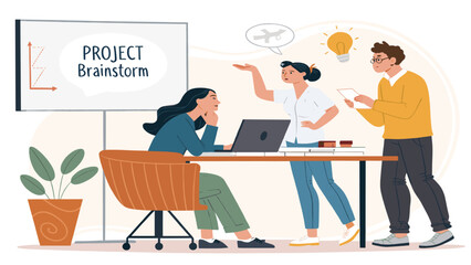 Three diverse colleagues actively collaborate during a project brainstorm session, generating innovative ideas and strategizing for business success.