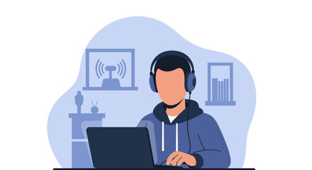 A person in headphones uses a laptop, representing remote work, online learning, or digital entertainment. Ideal for concepts like connectivity, productivity, and modern lifestyle.