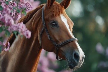 Majestic brown horse with a white blaze stands gracefully among blooming lilac flowers, showcasing its beauty and elegance in a serene natural setting