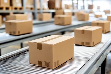 Cardboard Boxes on Conveyor Belt Illustrating Logistics Efficiency