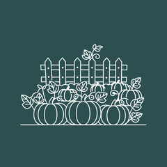 Obraz premium A whimsical illustration of a pumpkin patch with a wooden fence, showcasing vibrant pumpkins and lush green leaves